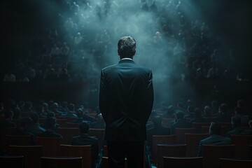 Man facing audience in dark hall