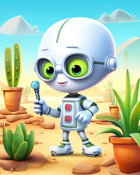 Adorable robot studies alien plants, close-up with a magnifying lens, cute, cartoon