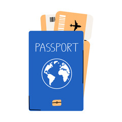 An illustration of a blue passport with plane boarding tickets. Travel and tourism concept. Isolated on white.