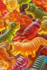 Animalshaped gummies, 3D render, bright studio lighting, closeup, colorful, playful detail , advertise photo
