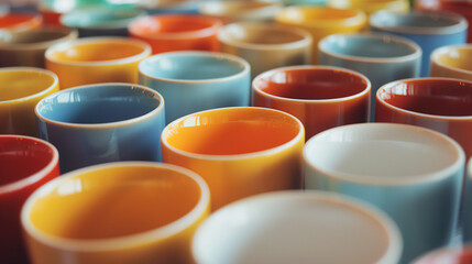 Zbliżenie na rzędy ceramicznych kubków