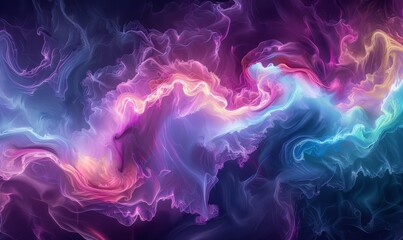 Fluid abstract visuals, a mesmerizing dance of neon pinks, electric blues, and glowing greens, resembling cosmic auroras, ultra-high definition digital art, colorful background