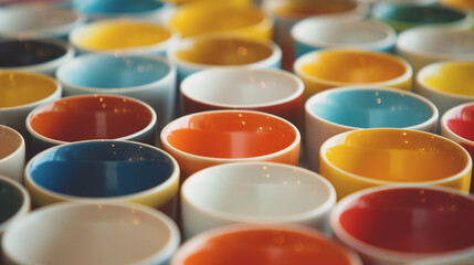 Zbliżenie na rzędy ceramicznych kubków