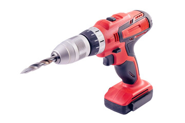 A red cordless drill with a sharp metal drill, transparent or isolated on white background - obrazy, fototapety, plakaty
