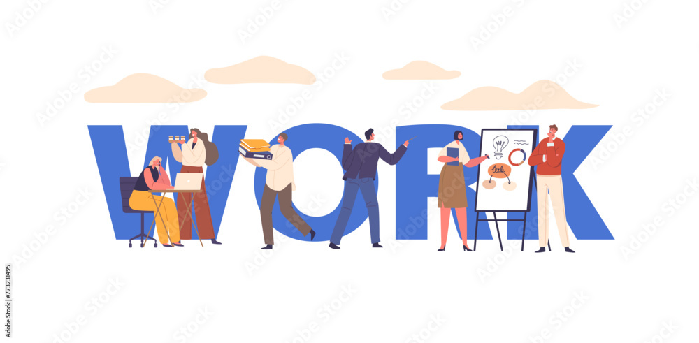 Poster people work in office concept. characters collaborating, attending meetings, and using computers to 