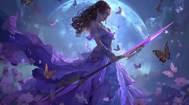 holding a purple sword with a black handle and wearing an elegant purple dress