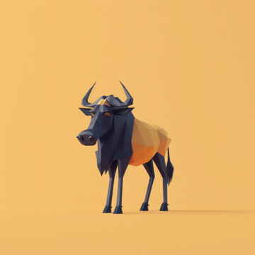 Digital art portraying a bull in geometric low-poly style with warm color gradients on a beige background.