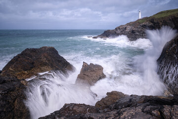 Trevose head in big waves Cornwall uk 