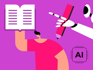 AI Robot and boy, deep in thought, makes notes in a book. Copywriter or blogger, creative idea and inspiration. Imagination for success at work. Talent and skills concept. Flat vector illustration.