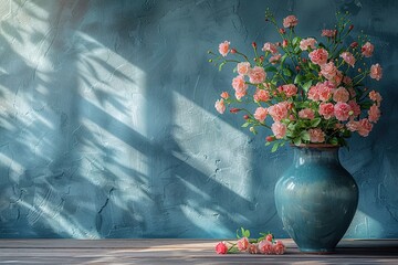 Wooden table with vase with bouquet flowers against a blue wall