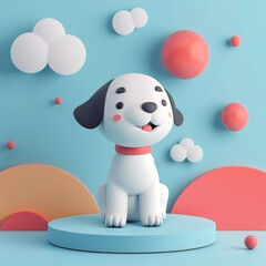 A happy low poly dog with colorful abstract elements on a light blue background.