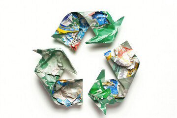 Mixed material crumpled paper for recycling shaped into a symbol on a white background, representing waste sorting