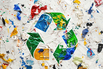 A recycling symbol composed of mixed materials on a textured painted backdrop, representing artistic eco-awareness
