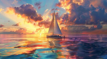 A sailboat on a calm ocean with the sun setting in the background