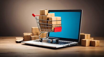 Online shopping concept with cart full of boxes on top of laptop computer. E-commerce.