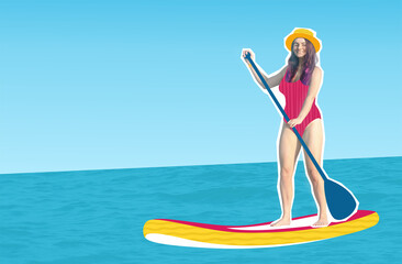 Composite collage image sketch summer activity. Woman sailing on a sup board on the blue sea creative illustration