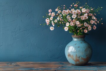Wooden table with vase with bouquet flowers, blue wall and daylight