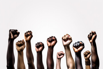 A group of people are holding up their hands in a fist, with some of them having their hands on their hips. Concept of unity and strength - obrazy, fototapety, plakaty