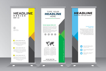 Roll up banner template design set, Vertical Banner set design with green, blue and yellow. vector eps 10.