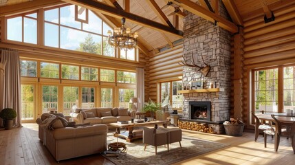 Bright Living room interior in American log cabin house. Rustic chandelier, stone fireplace and high ceiling with wooden beams make room gorgeous.