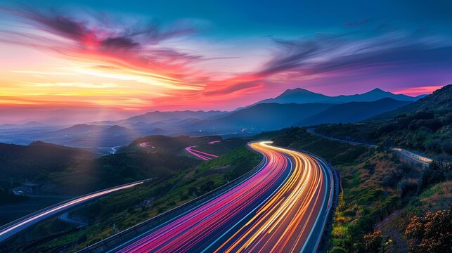 Highway road with car light trails at beautiful colorful sunrise in mountains landscape