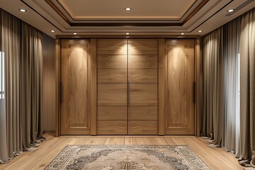 Wooden wardrobe with glossy sliding doors in wooden mountain concept interiro