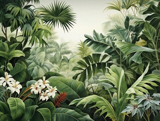 An artistic representation of a tropical paradise with detailed leaves and plants