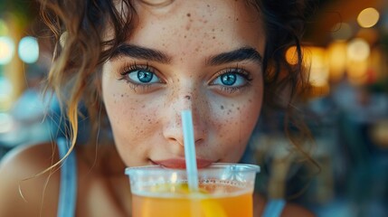 Close-up shot capturing her with a straw in her mouth and a cup in front of her face, straw poking out. Reflect the joy of a refreshing moment