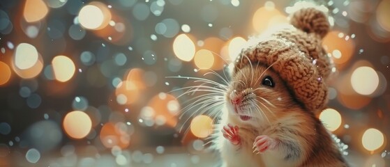 Hamster in a miniature hat, soft studio glow, top view, cute details, joyful scene , advertise photo