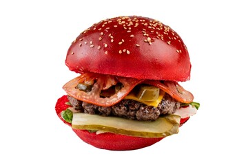 big burger with red bun on white background