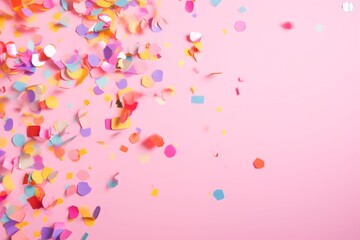 a group of confetti on a pink background