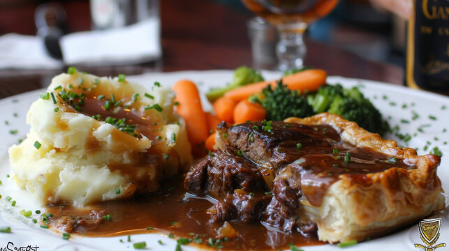 Traditional irish cuisine — steak and stout pie with sides