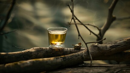 a shot glass with a yellow liquid on a log