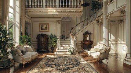 Fototapeta premium Classy house - living room interior with classic staircase