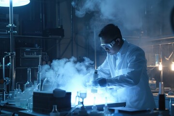 Scientists harnessing paranormal energy, dimly lit lab, mysterious, breakthrough moment , advertise photo - obrazy, fototapety, plakaty
