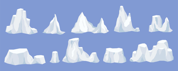 Drifting iceberg of frozen ocean water, crystal icy mountain with snow. Ice mountain, large piece of freshwater blue ice in open water. Winter landscape for game design cartoon vector illustration.