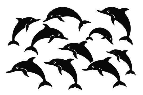 solid black outline Dolphins on white background, Dolphin solid icon, marine concept, Dolphin jumping with splashes of water sign on white background