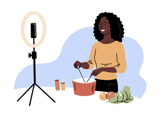 A woman blogger prepares a dish live. Broadcast from home via smartphone camera. Online cooking lessons. Vector illustration on white background