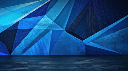 Modern abstract concept featuring blue geometric shapes on a studio wall with dark flooring, perfect for backgrounds with copy space. Generative AI