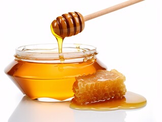 a honey dipper dripping from a jar of honey