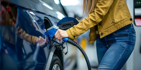 Woman inflating car tire with air pump at gas station ensuring safety before travel. Concept Road Safety, Gas Station, Car Maintenance, Inflating Tires, Travel Preparations