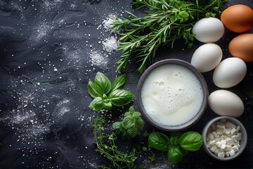 Fresh farm dairy products on a light background. Fresh eggs, cheese, milk, sour cream, cottage cheese. Eat local. The concept of natural local products. - obrazy, fototapety, plakaty