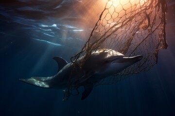 a dolphin in a fishing net