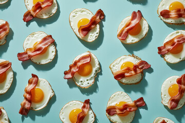 Crackers with Bacon and Eggs on Blue Background, Top View, Flat Lay Shot of Delicious Breakfast Snack