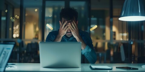A stressed business person at a desk focused on a laptop showing signs of pressure in their professional life. Concept Stress at Work, Business Struggles, Mental Health, Work Pressure - obrazy, fototapety, plakaty