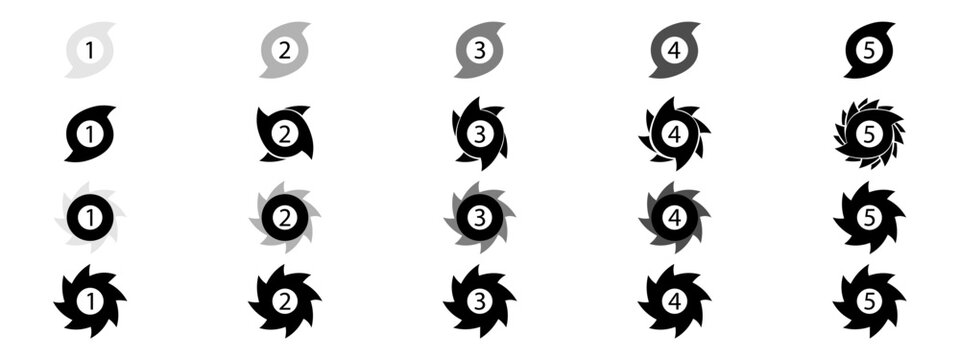 Stock illustrations on the theme Creative vector illustration of a black symbol of the hurricane scale indicator icon (type 1 to 5), isolated on a white aphid. Artistic design of a cowlick, typhoon, f