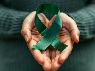 Hands holding a green ribbon for mental health awareness and support