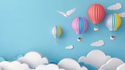 Washable wall murals Air balloon 3d paper cut style colorful hot air balloons flying in the sky with clouds background