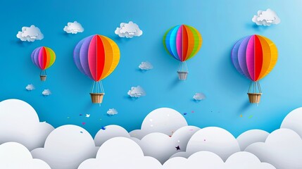 3d paper cut style colorful hot air balloons flying in the sky with clouds background