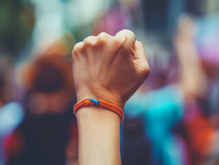 Fototapeta premium Fist raised in solidarity wearing a colorful bracelet at a vibrant public demonstration